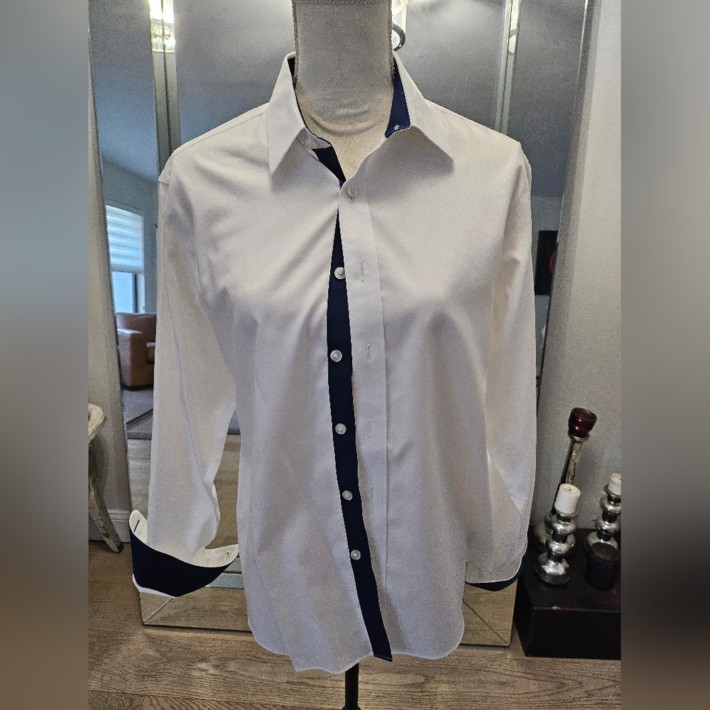 UNTUCKit Dress Shirt Mens Audi LS White Navy Flip Cuff LS Button Up - Sz Small